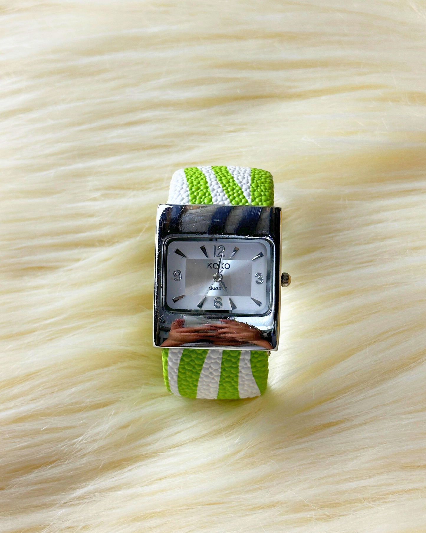 Vintage KOKO Ladies’ Rectangle Quartz Watch – Silver Dial & Green/White Bangle Strap