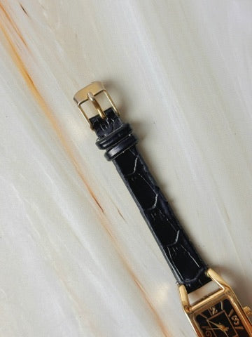 Vintage Women’s Rectangular Watch – Quartz – Gold Tone Case – Black Dial – Leather Strap