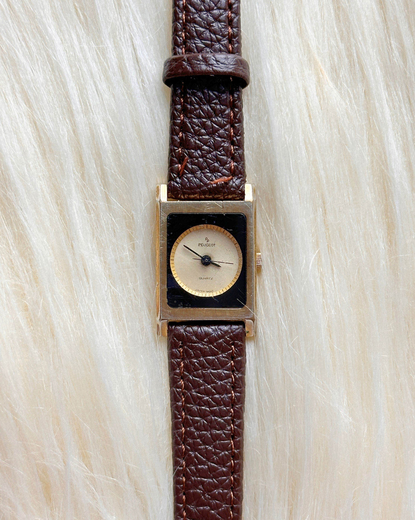 Peugeot Quartz Watch – Gold Tone Rectangular Case, Brown Leather Strap