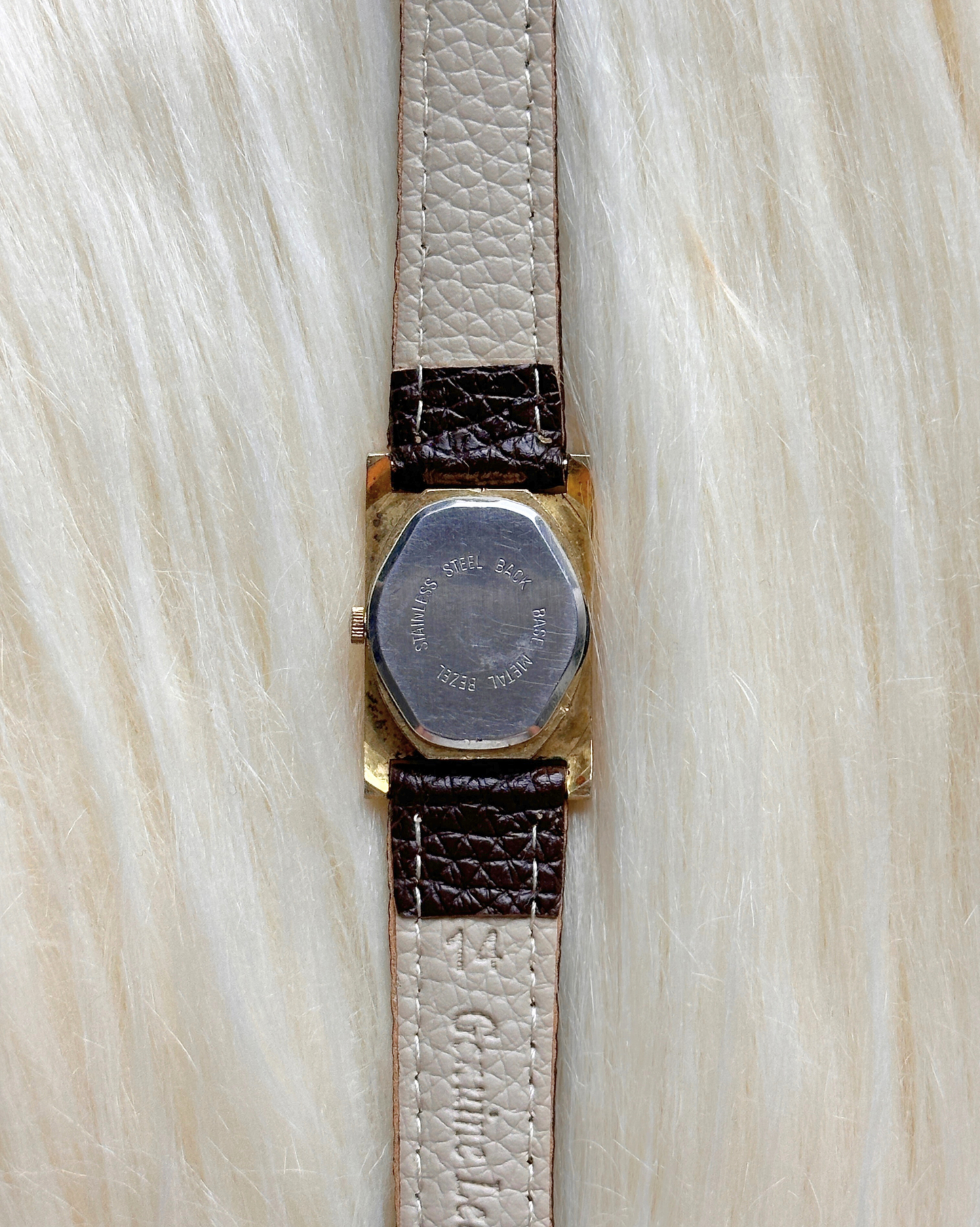 Peugeot Quartz Watch – Gold Tone Rectangular Case, Brown Leather Strap