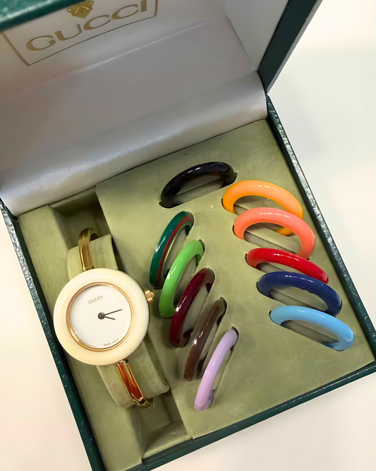 Gucci Interchangeable Bezel Watch Set – Quartz – Multicolor Bezels – Full Set – Excellent Condition