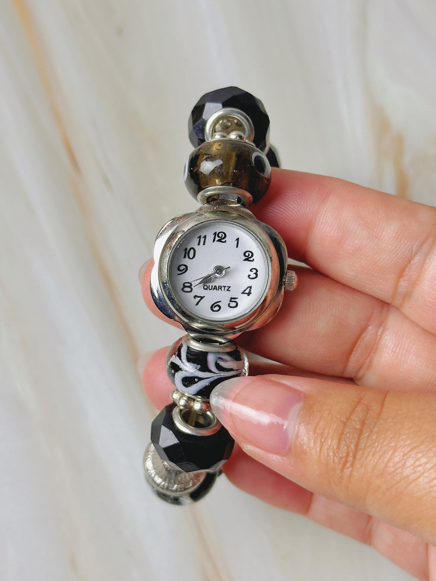 Women’s Beaded Bracelet Watch – Quartz – Black & Silver – Fashion Style