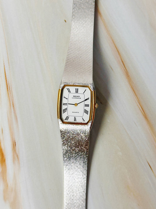 Seiko Lassale Tank Style Watch – Silver Tone Bracelet – Roman Numerals – Quartz
