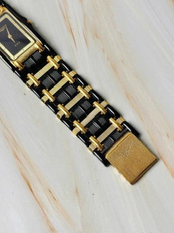Longines QWR Rectangular Watch – Gold & Black – Elegant Vintage Style