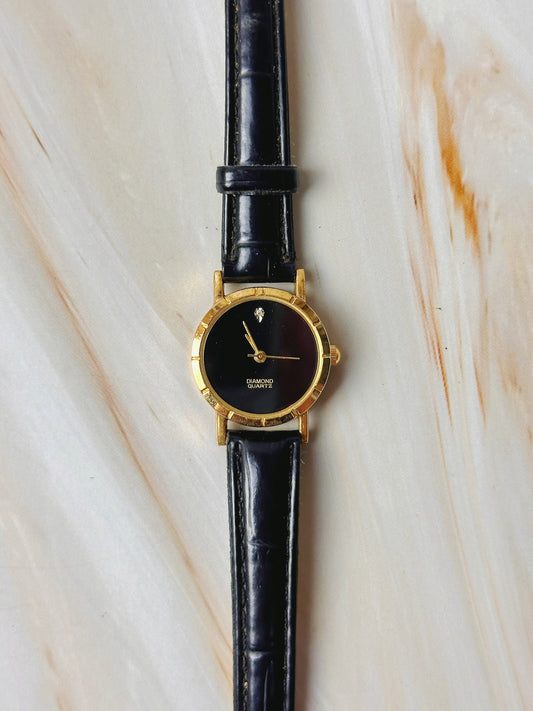 Diamond Quartz Women’s Watch – Gold Tone – Black Dial - Leather Black Strap