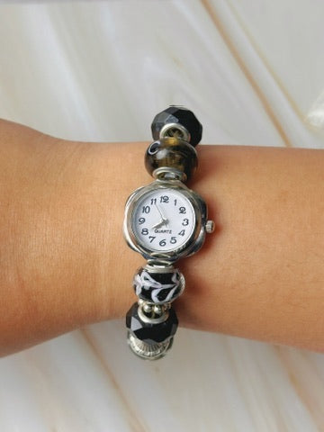 Women’s Beaded Bracelet Watch – Quartz – Black & Silver – Fashion Style