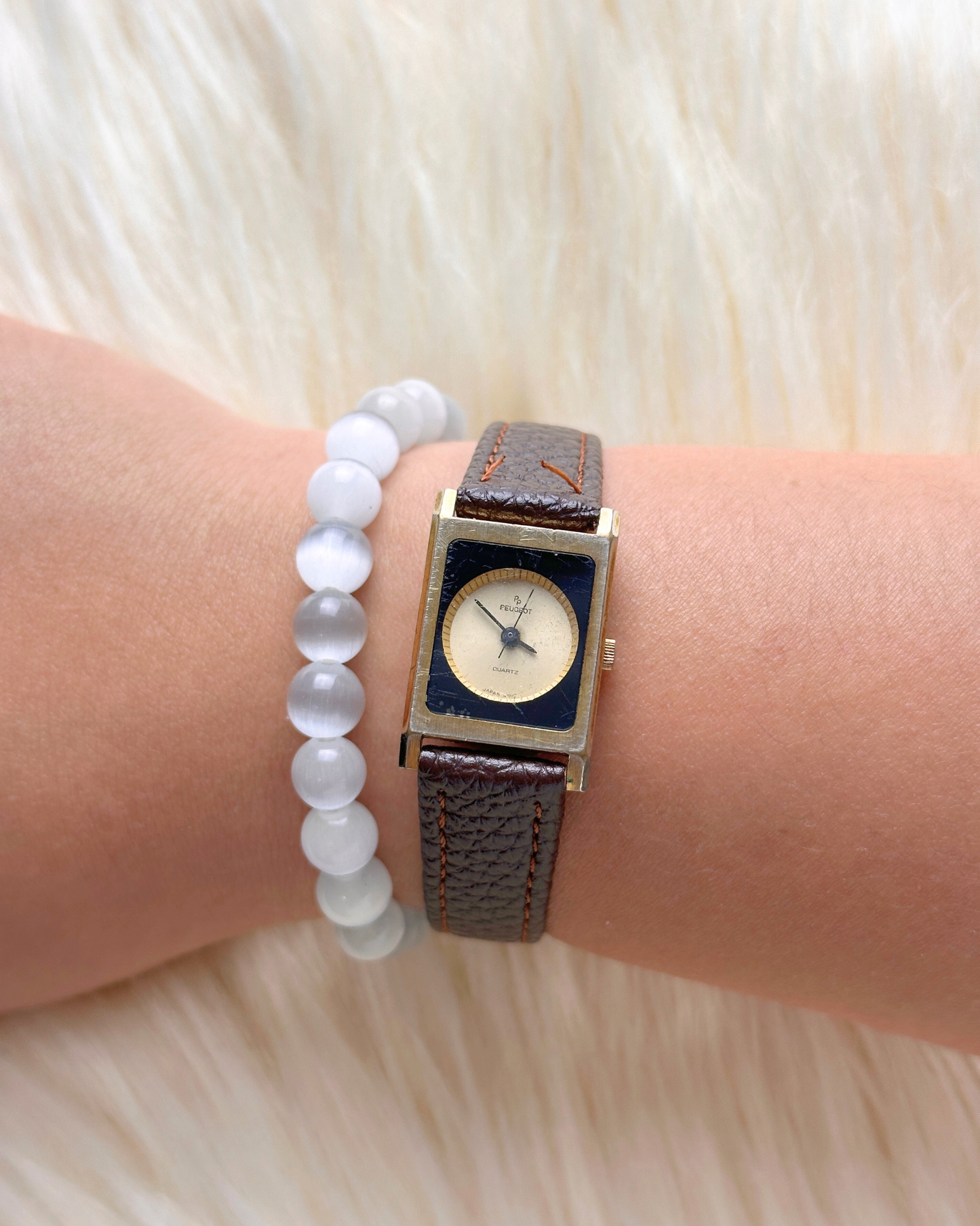 Peugeot Quartz Watch – Gold Tone Rectangular Case, Brown Leather Strap