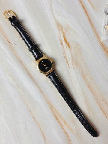 Diamond Quartz Women’s Watch – Gold Tone – Black Dial - Leather Black Strap