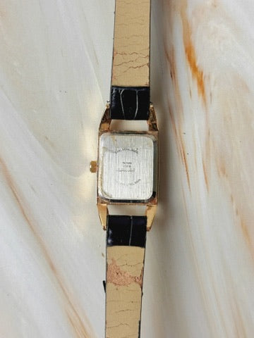 Vintage Women’s Rectangular Watch – Quartz – Gold Tone Case – Black Dial – Leather Strap