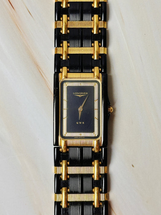 Longines QWR Rectangular Watch – Gold & Black – Elegant Vintage Style