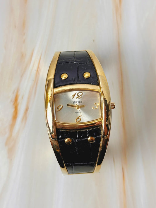 Studio Time Ladies Watch – Gold Tone Bangle – Black Leather – Quartz