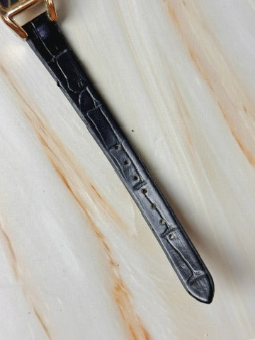 Vintage Women’s Rectangular Watch – Quartz – Gold Tone Case – Black Dial – Leather Strap