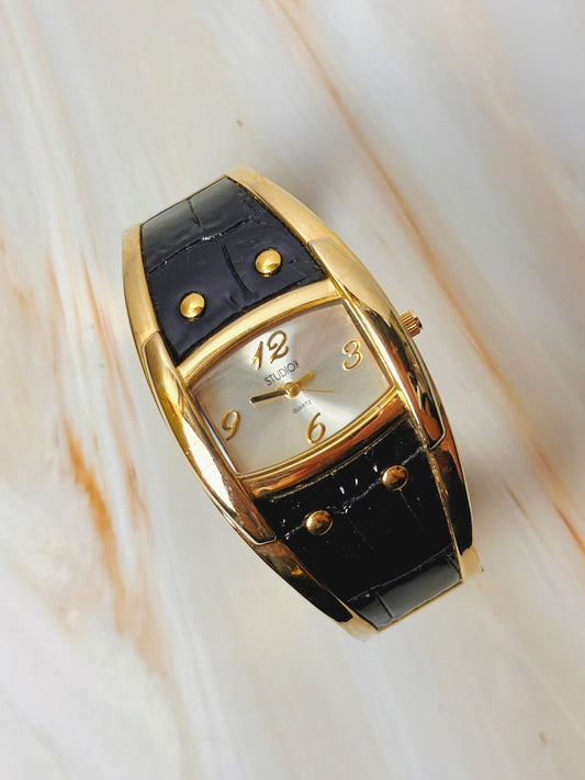 Studio Time Ladies Watch – Gold Tone Bangle – Black Leather – Quartz