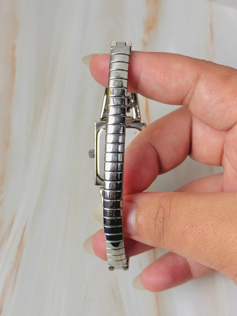 Ladies Bangle + Stretchable Watch – Silver Tone – Black Dial – Stretch Bracelet