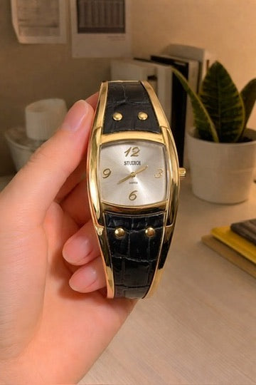 Studio Time Ladies Watch – Gold Tone Bangle – Black Leather – Quartz