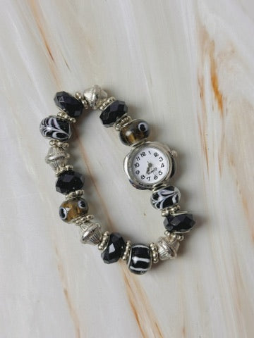 Women’s Beaded Bracelet Watch – Quartz – Black & Silver – Fashion Style