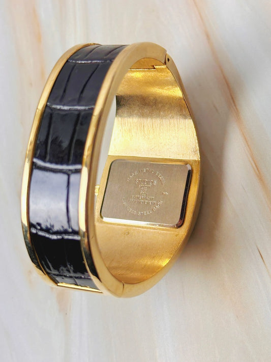 Studio Time Ladies Watch – Gold Tone Bangle – Black Leather – Quartz