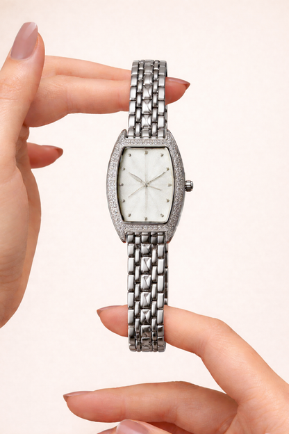 Ladies Dress Watch – Silver Tone – Crystal Bezel – Bracelet – With Box