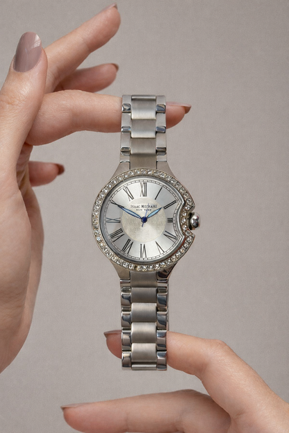 Isaac Mizrahi New York Ladies Watch – Silver Tone – Crystal Bezel – Roman Dial – With Box
