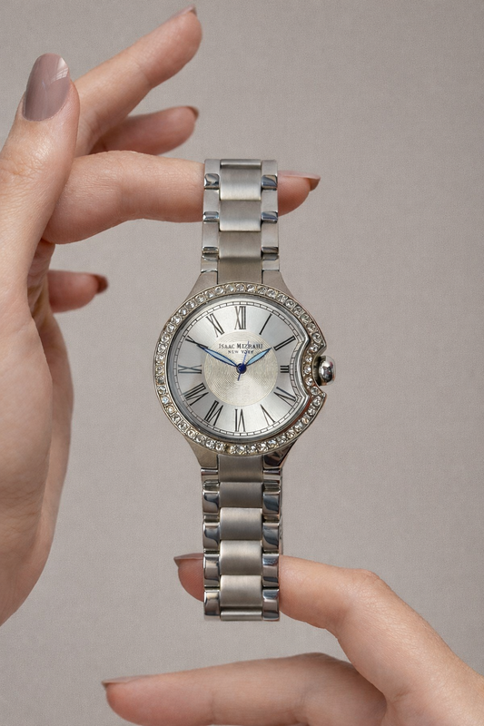 Isaac Mizrahi New York Ladies Watch – Silver Tone – Crystal Bezel – Roman Dial – With Box
