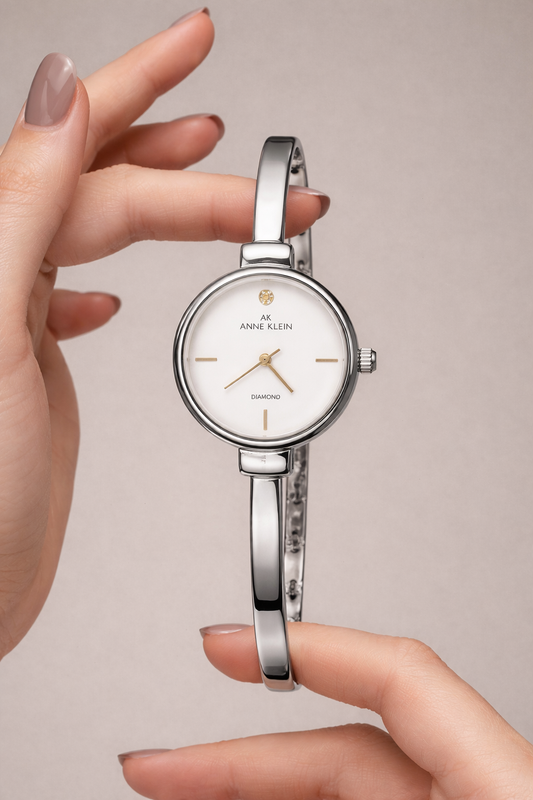 Anne Klein AK Diamond Ladies Watch – Silver Bangle – Minimalist Dial – With Box