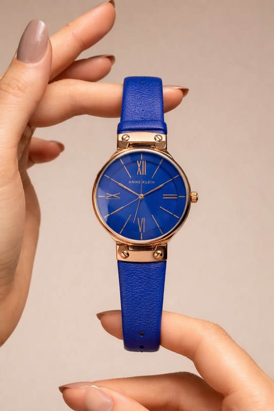 Anne Klein Ladies Watch – Blue Dial & Strap – Rose Gold Tone – Minimalist – With Box