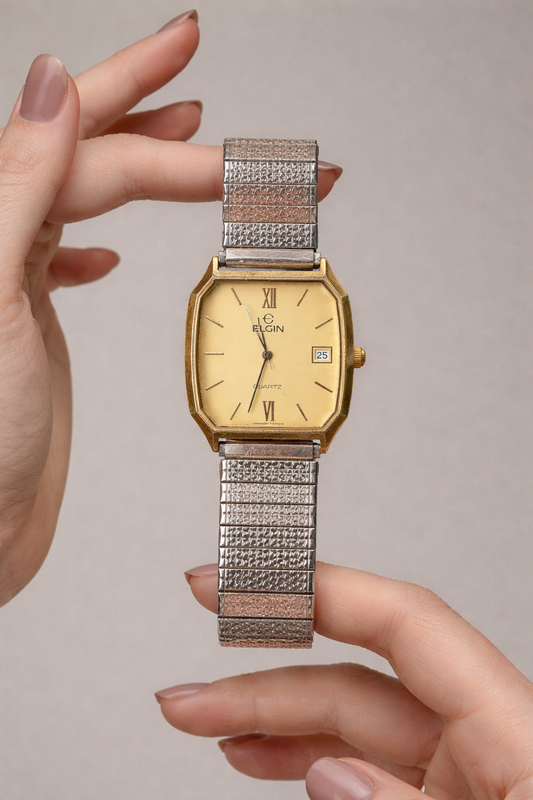 Elgin Quartz Vintage Watch – Gold Tone Square Case – Date – Two Tone Expansion Bracelet