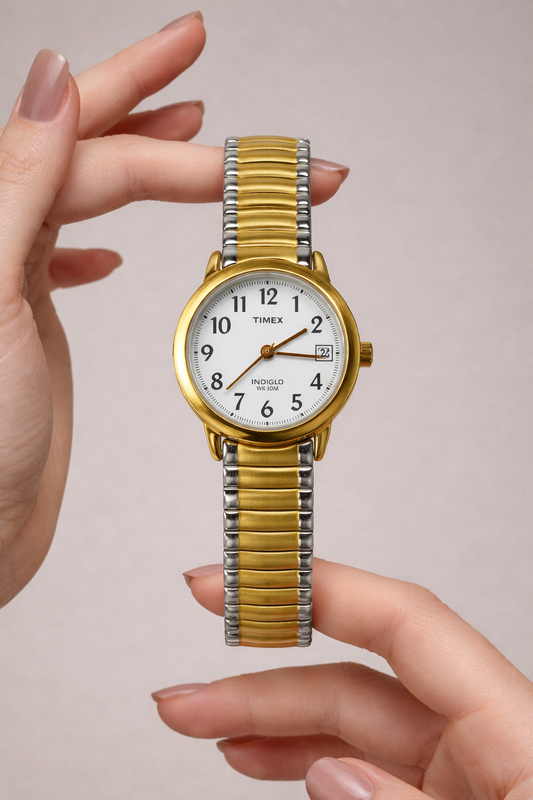 Timex Indiglo Gold-Tone Watch – White Dial – Date – 30M Water Resistant – New Battery