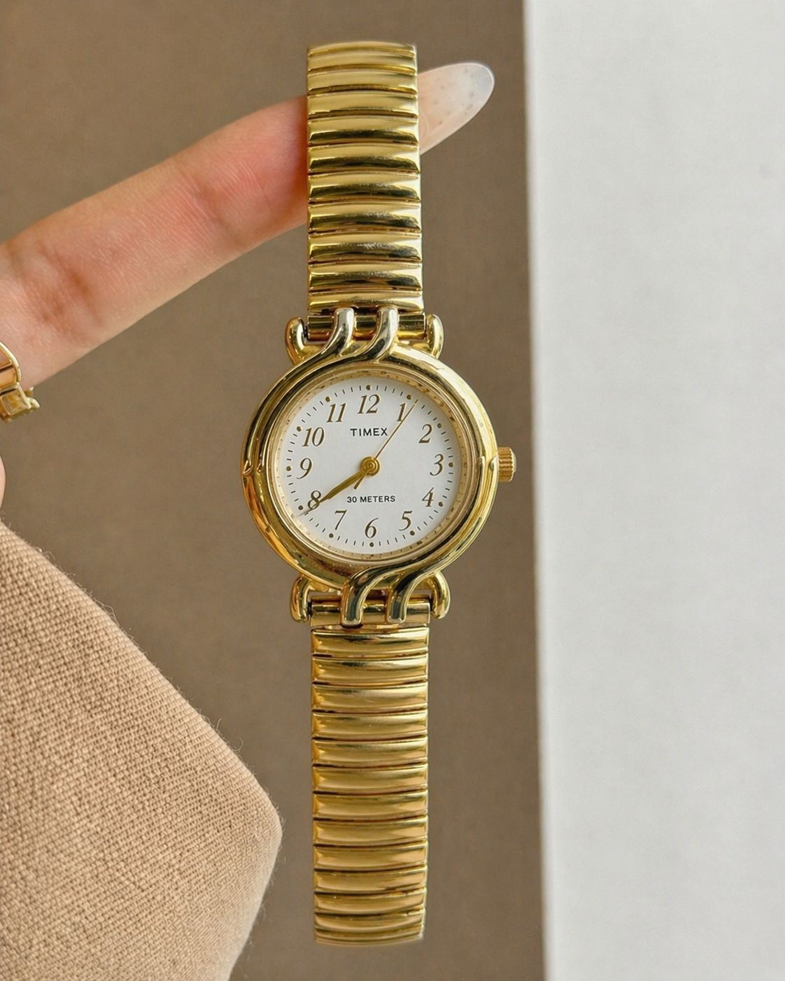 Timex Petite Round Gold-Tone Watch – White Dial Arabic Numerals – 30M Water Resistant – New Battery
