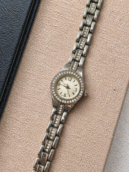 Silver Tone Rhinestone Accent Bracelet Watch – Cream Dial – Japan Movt – New Battery
