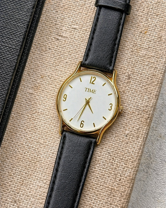 Vintage TIME Ladies Watch – Gold Tone Case – White Dial – Black Leather Strap