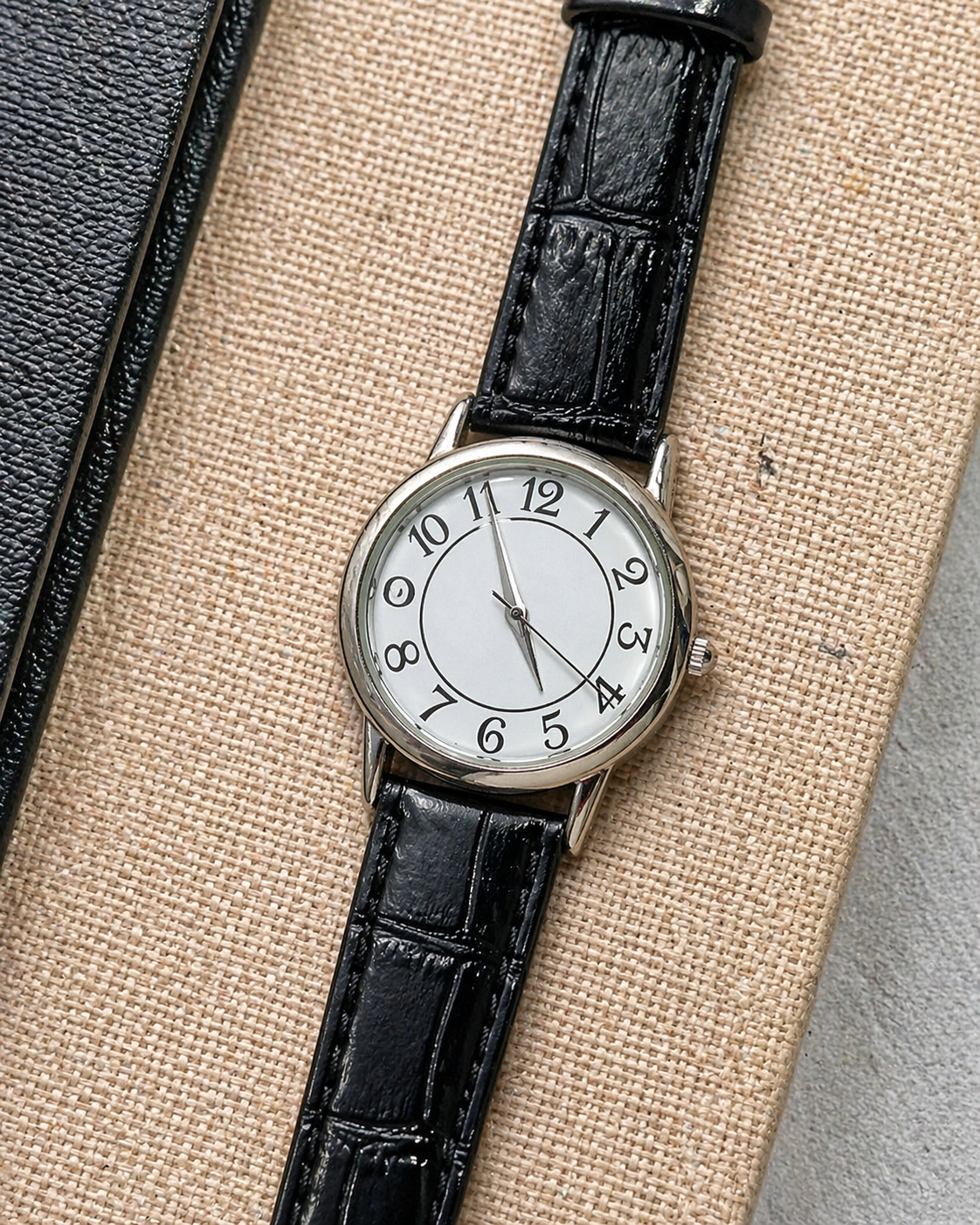 Ladies Quartz Watch – Minimalist White Dial – Silver Tone Case – Black Leather Strap