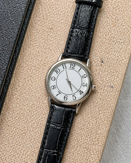 Ladies Quartz Watch – Minimalist White Dial – Silver Tone Case – Black Leather Strap