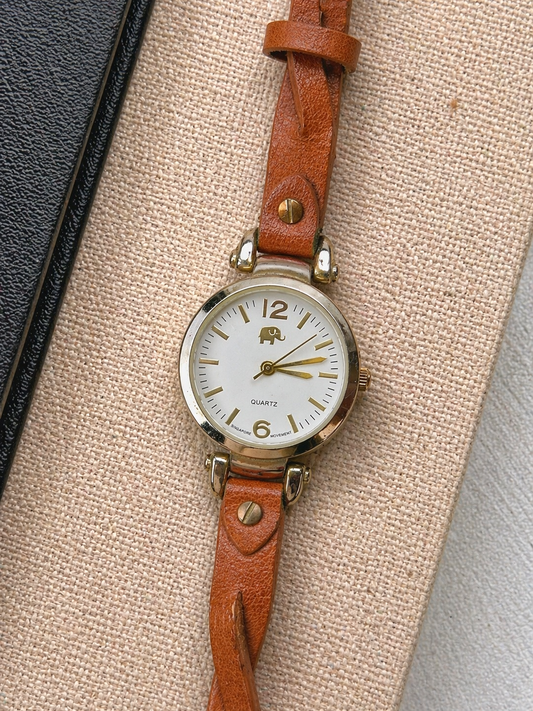 Francesca's Ladies Quartz Watch – Gold Tone Case – White Dial – Brown Leather Strap