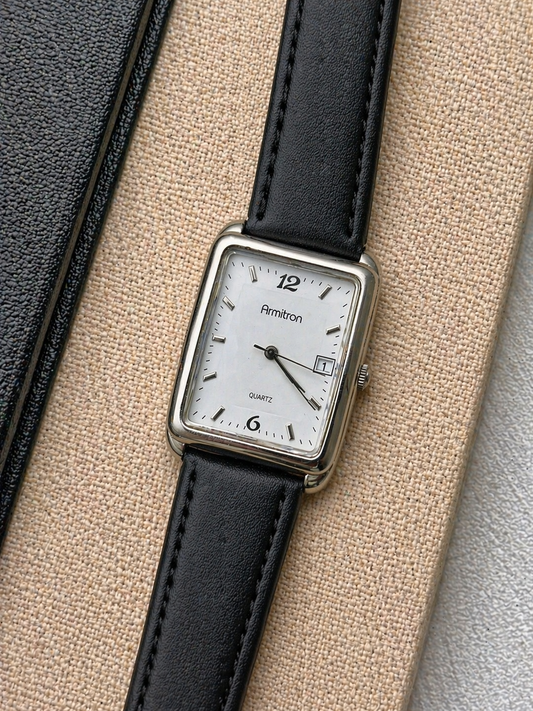 Armitron Ladies Quartz Watch – Square Case – White Dial – Black Leather Strap – Date Window