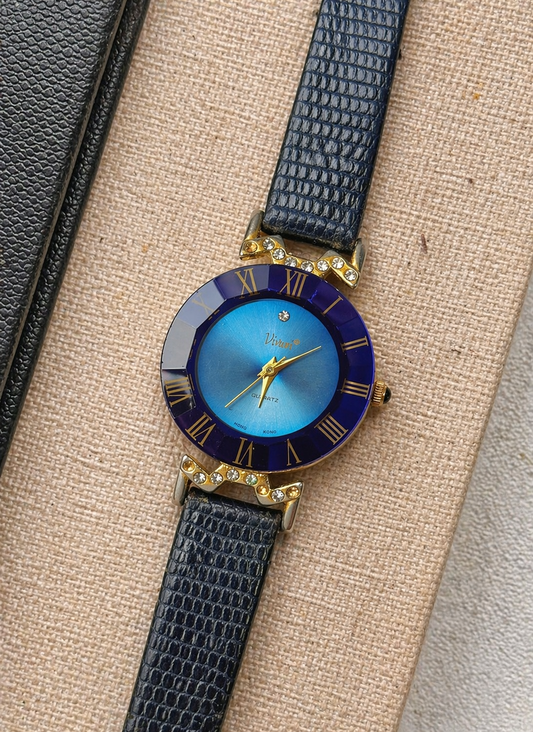 Vivani Ladies Quartz Watch – Blue Dial with Roman Numerals – Crystal Accents – Leather Strap