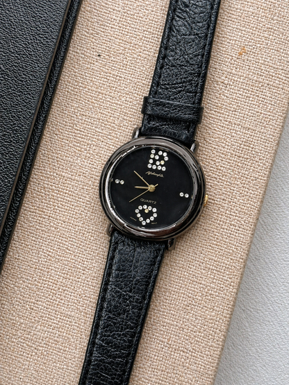 Vintage Quartz Ladies Watch – Black Dial with Crystal Accents – Black Leather Strap