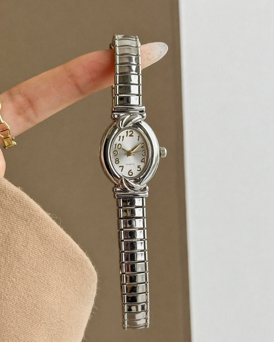 Ladies Petite Watch – Silver Tone – Oval Case – Stretch Bracelet