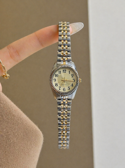 Vintage Two-Tone Women’s Quartz Watch – Fluted Bezel – Gold Dial – Stretch Bracelet