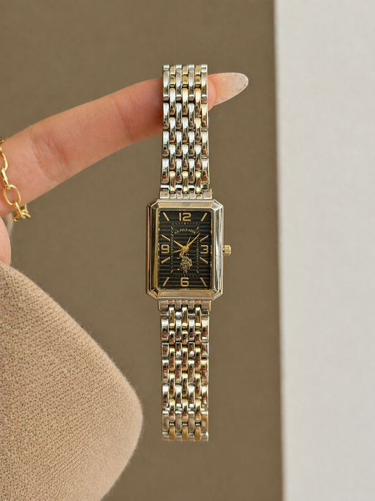 U.S. Polo Assn. Quartz Watch – Rectangular Black Dial Gold-Tone Bracelet (WR 30M)
