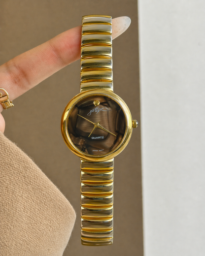Gottex Round Gold-Tone Watch – Brown Sunburst Dial – Stretch Bracelet – Petite Vintage Style
