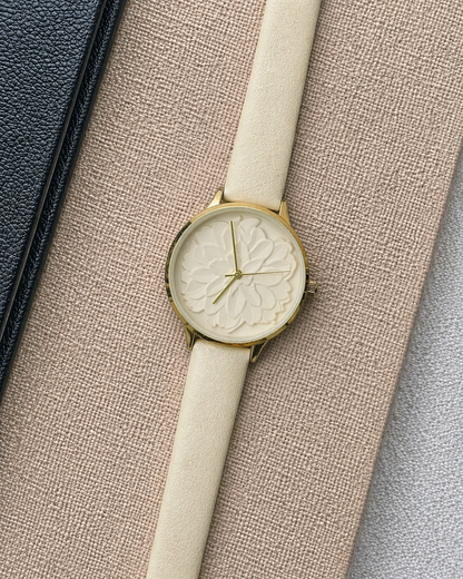 Ladies Floral Dial Quartz Watch – Gold Tone Case – White Strap