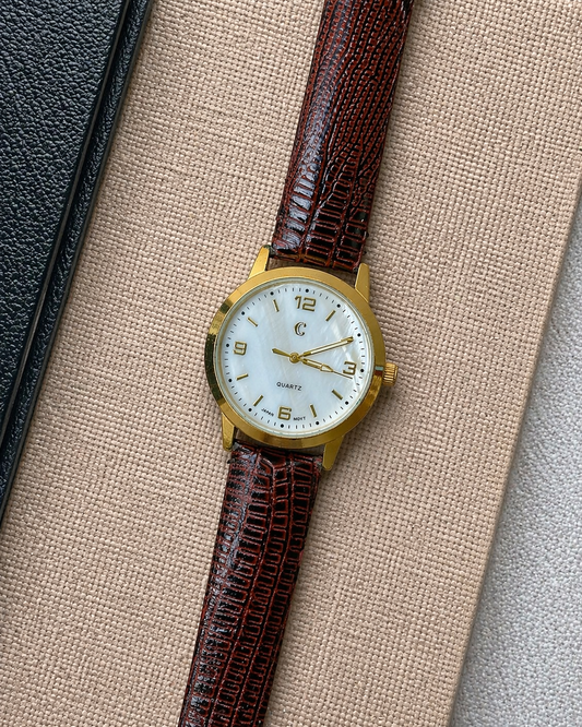 Charming Charlie Ladies Quartz Watch – Gold Tone Case – White Dial – Brown Textured Strap