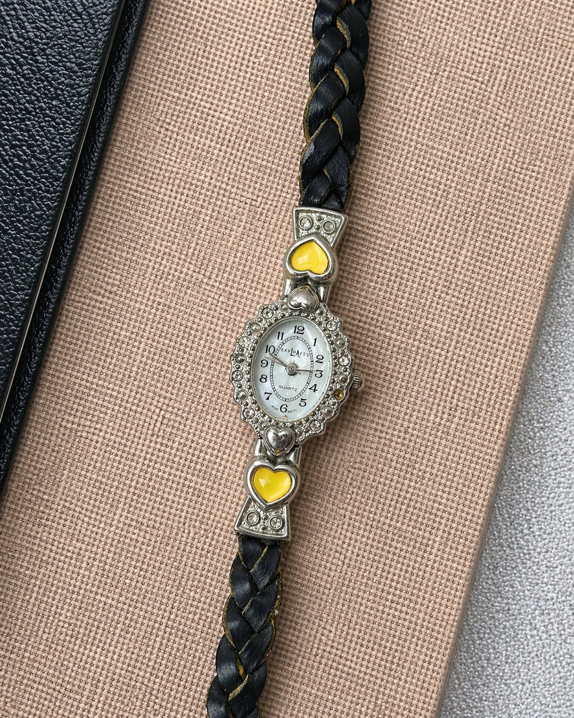 Express L.A Ladies Quartz Watch – Heart Design – Braided Leather Strap – Crystal Bezel
