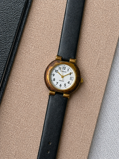 Carriage Indiglo Ladies Watch – Date Display – Classic White Dial – Black Leather Strap