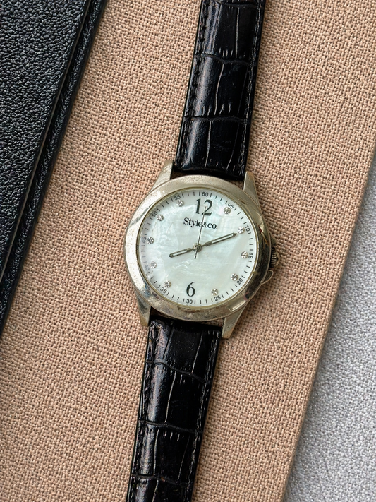 Style & Co. Ladies Watch – Crystal Markers – Mother of Pearl Dial – Black Leather Strap