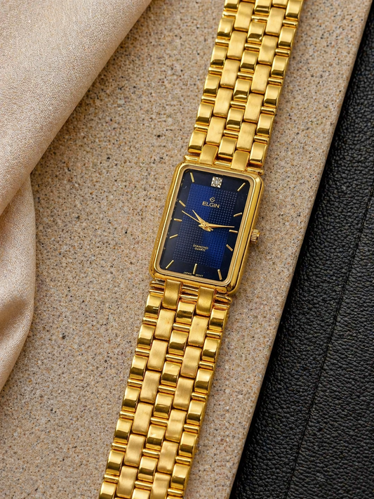 Elgin Diamond Rectangular Gold-Tone Watch – Blue Dial – Petite Dress Style – Quartz