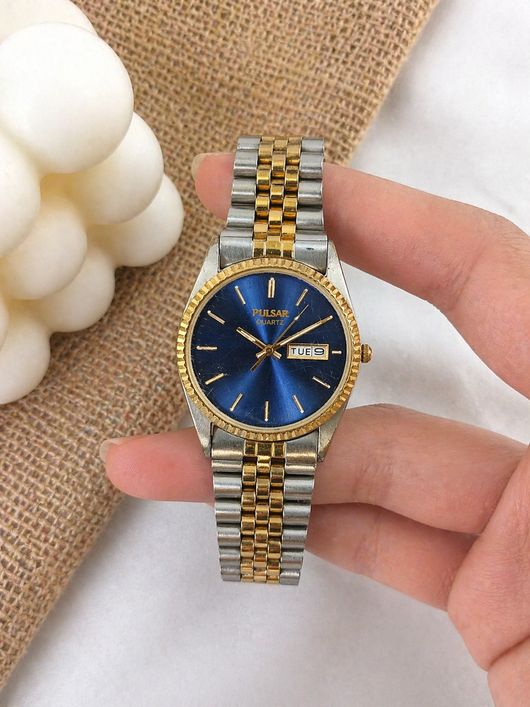 Pulsar Two-Tone Watch – Blue Dial – Day & Date – Gold Bezel – New Battery