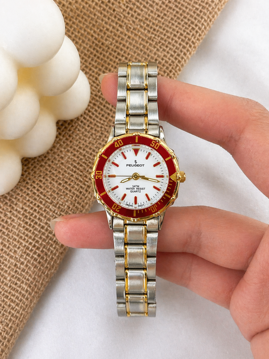 Peugeot Two-Tone Watch – Red Bezel – 3ATM Water Resistant – Ladies – New Battery