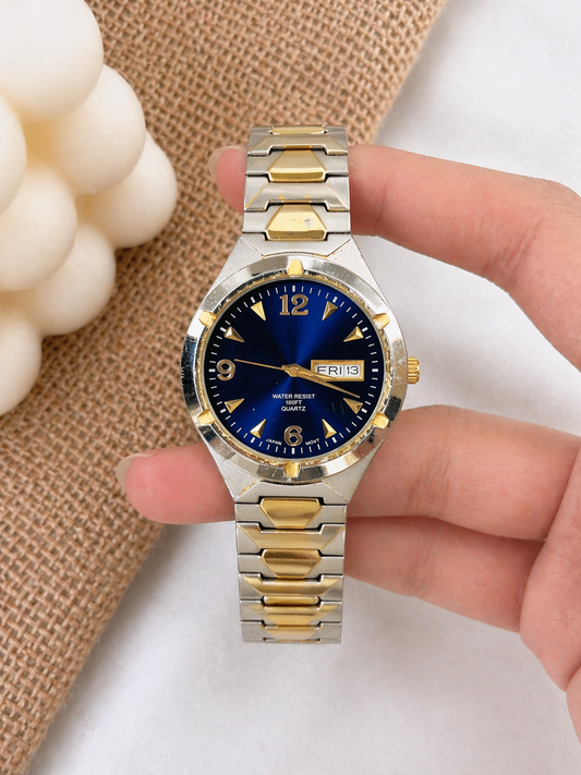 Two-Tone Mens Quartz Watch – Blue Dial – Day & Date – Water Resistant – New Battery